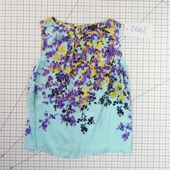 Talbots Blouse Women's Size 6P Aqua Blue Floral 100% Silk Pleated Top Petite - Picture 7 of 7